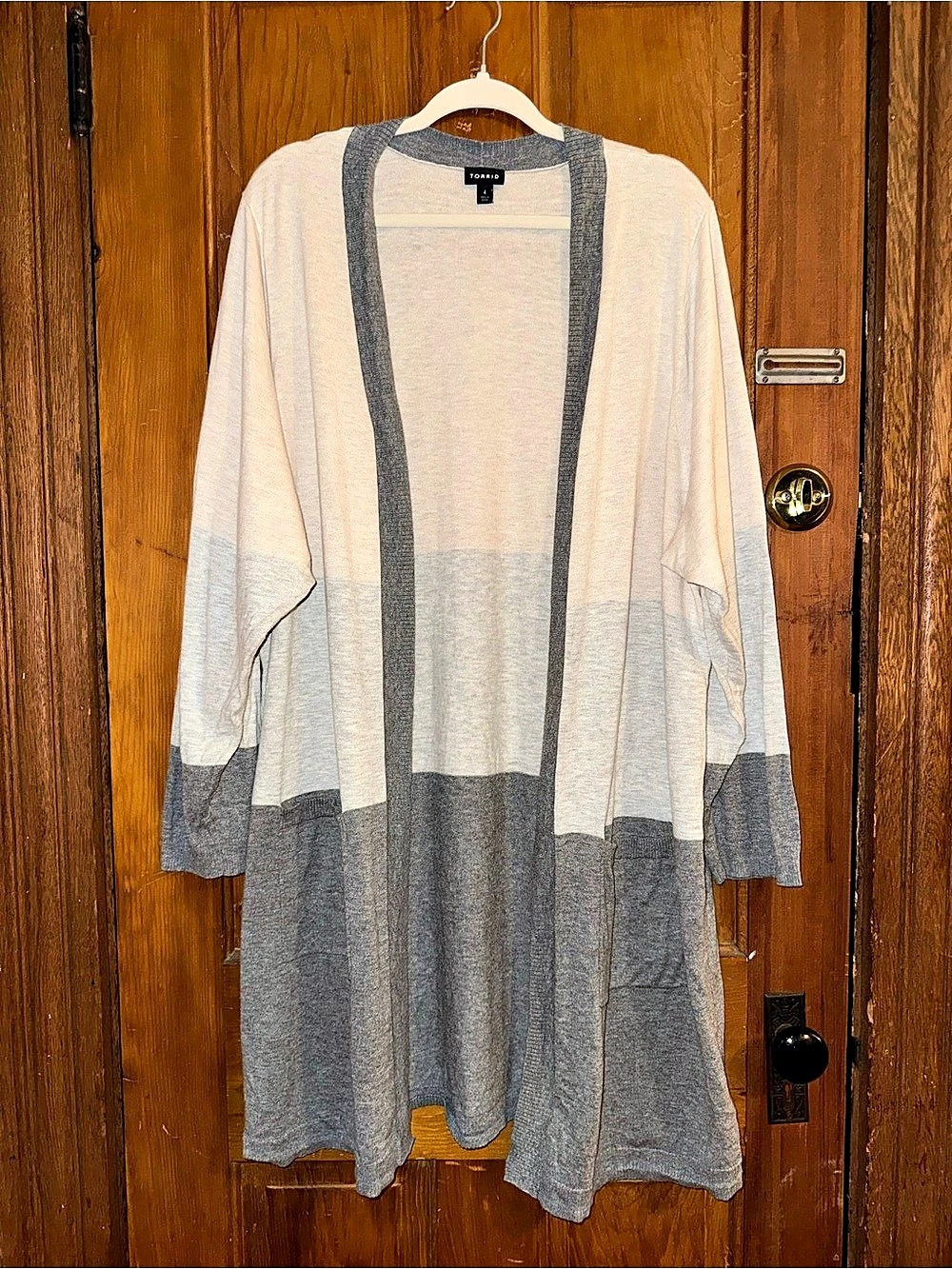 Torrid Colorblock Open Front Cardigan in Gray & Beige